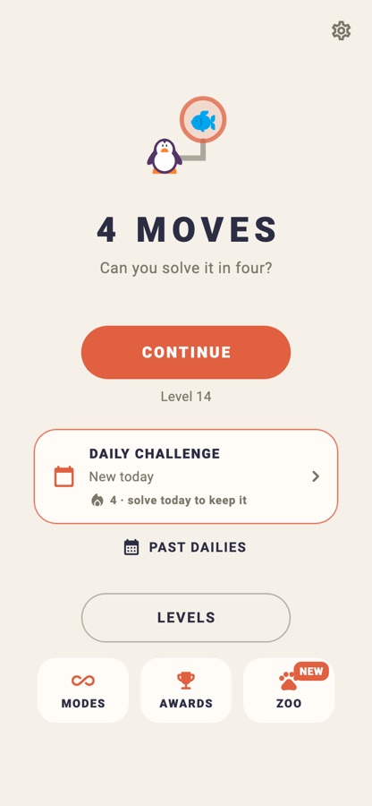 Home screen with Continue, Daily Challenge and Levels